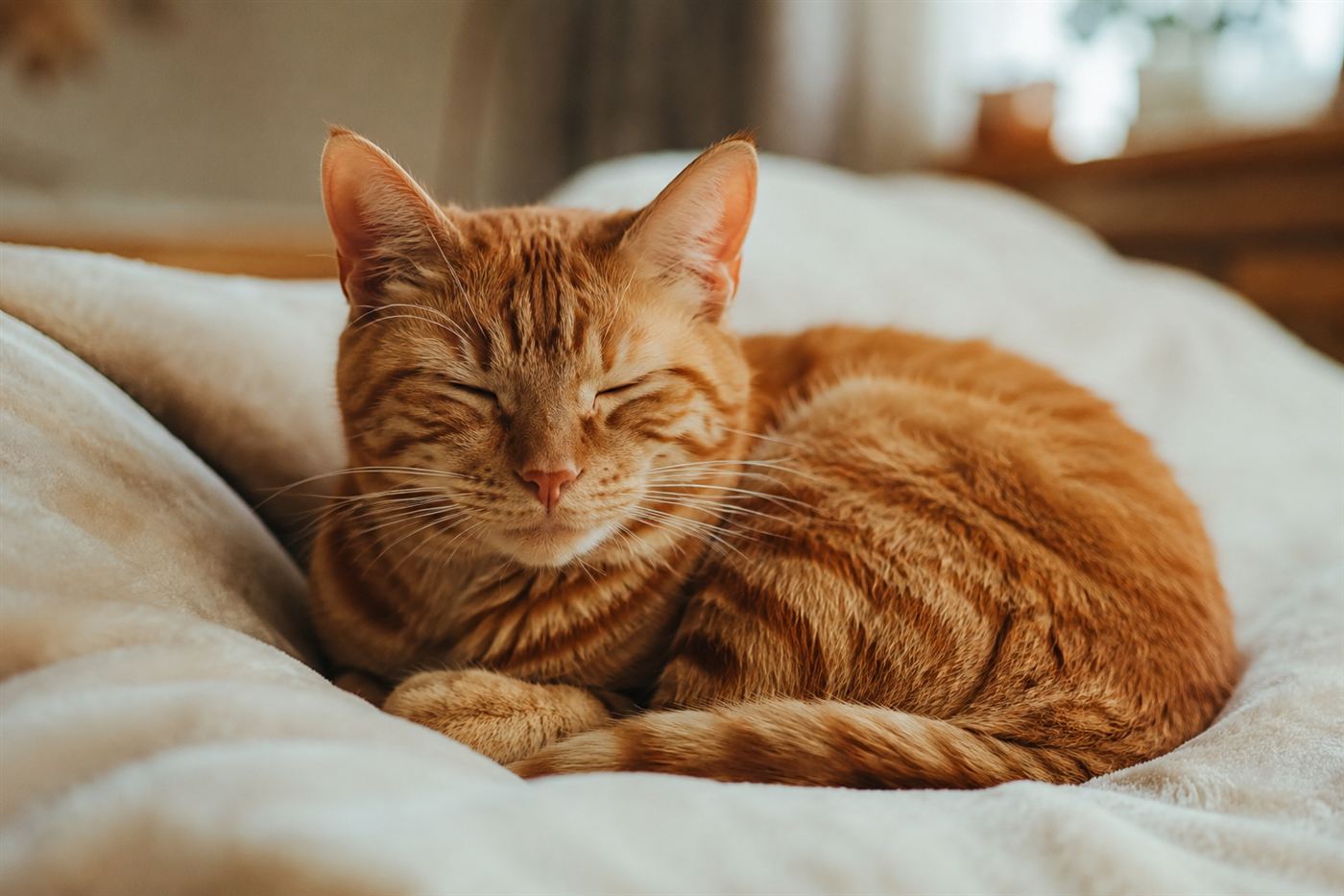 A content orange tabby cat curled up and purring on a soft blanket