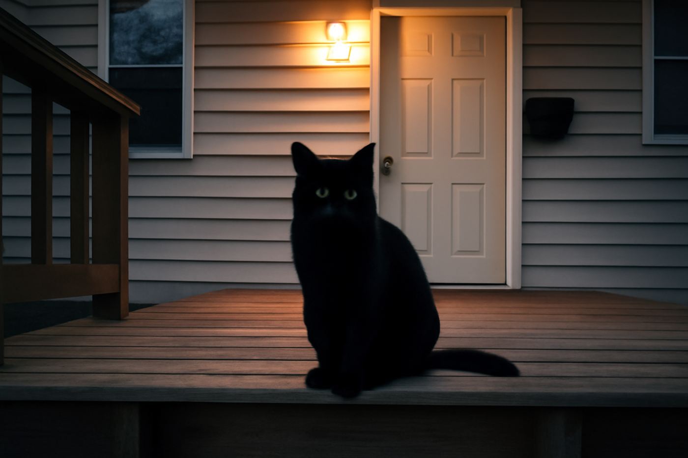 A black cat sitting calmly and looking directly at the camera