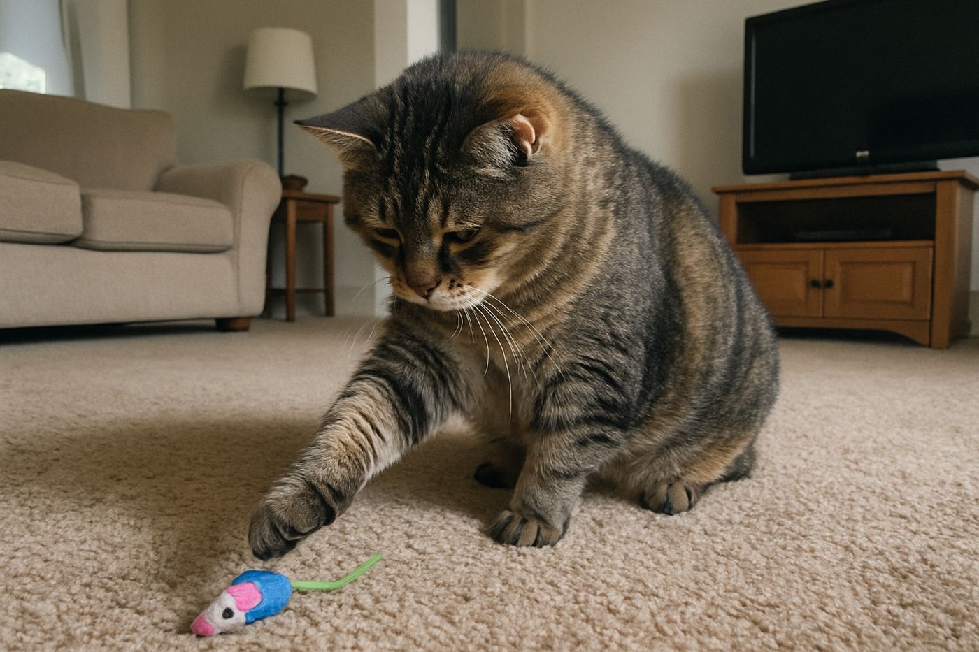 An older cat gently playing with a toy on the floor