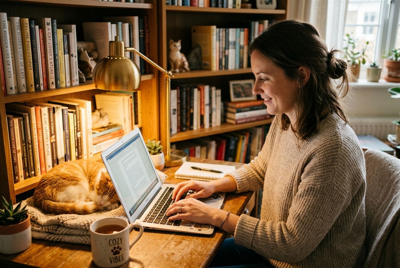 A person writing a blog post on a laptop with a cat curled up beside them