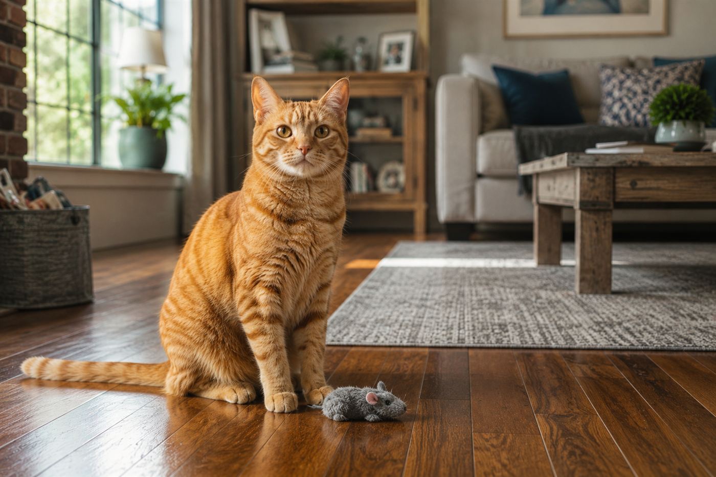 A tabby cat sitting proudly beside a toy mouse on a wood floor