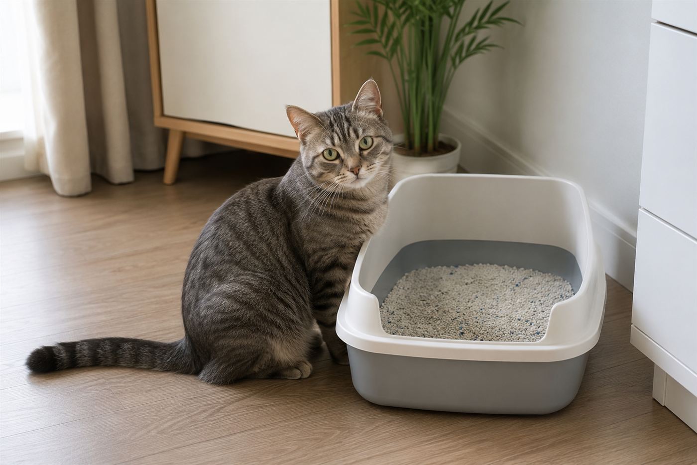 A gray tabby cat sitting beside a clean litter box in a bright room