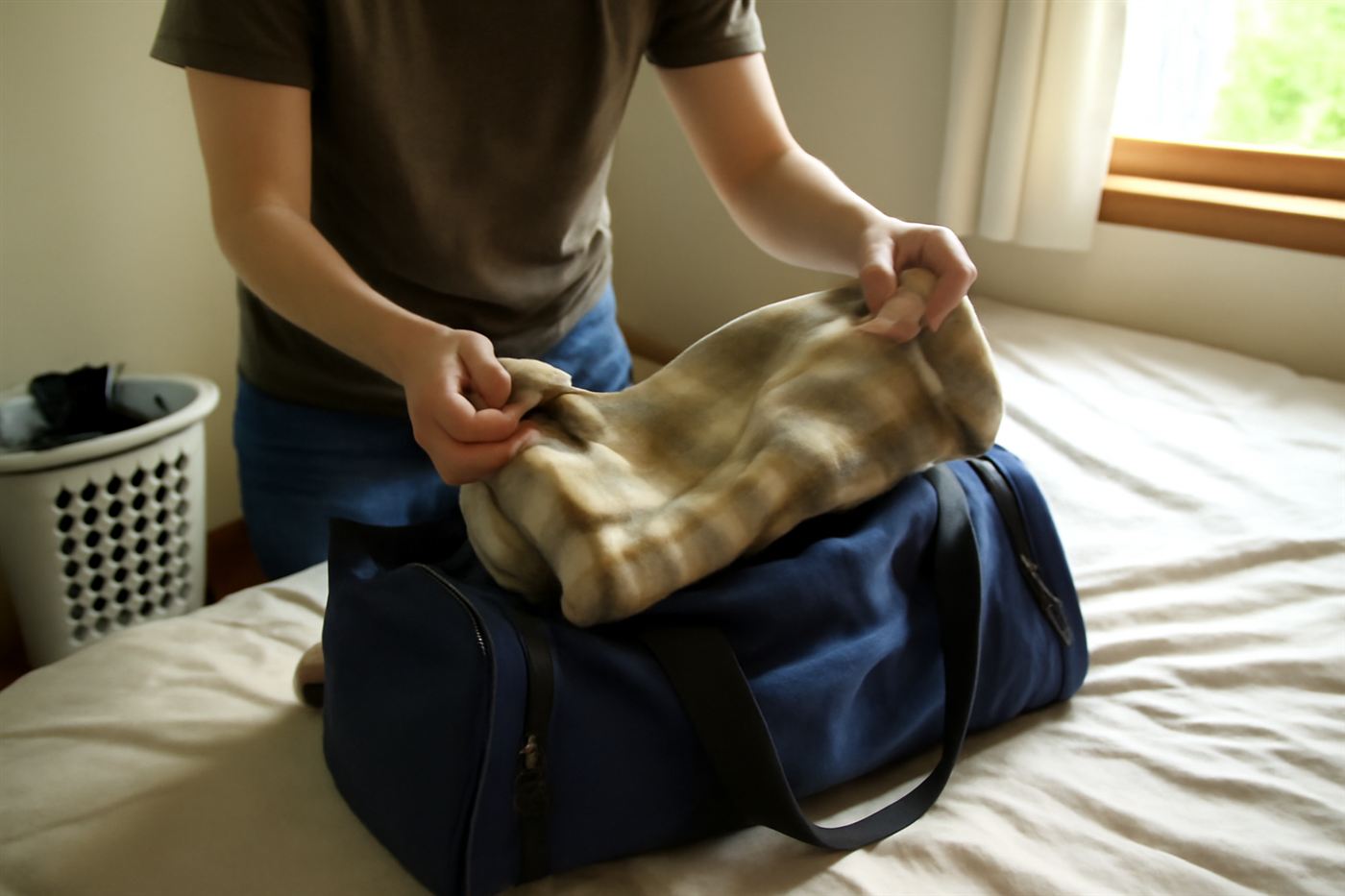 An owner packing a cat's blanket and toy into a bag