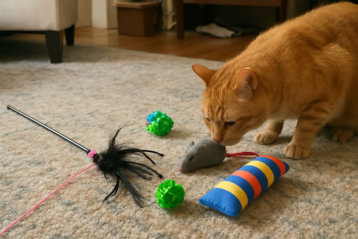 A cat batting at a wand toy with a feather attached, mid-pounce on a wood floor