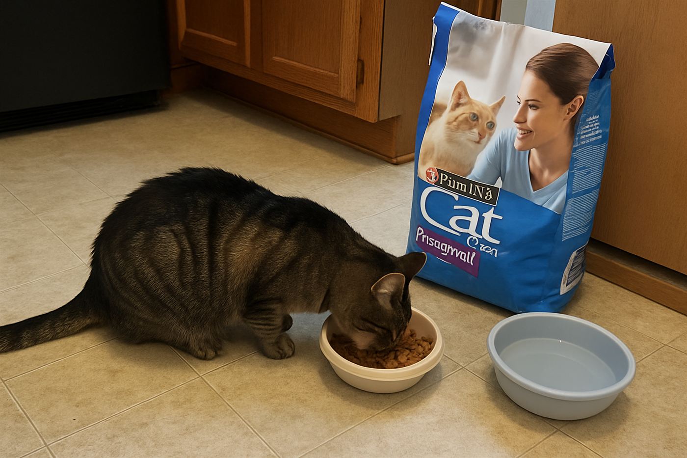 A cat eating a meat-based meal from a bowl