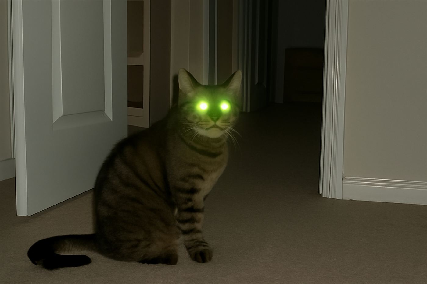 A cat's eyes glowing greenish in low light from a flashlight or camera flash