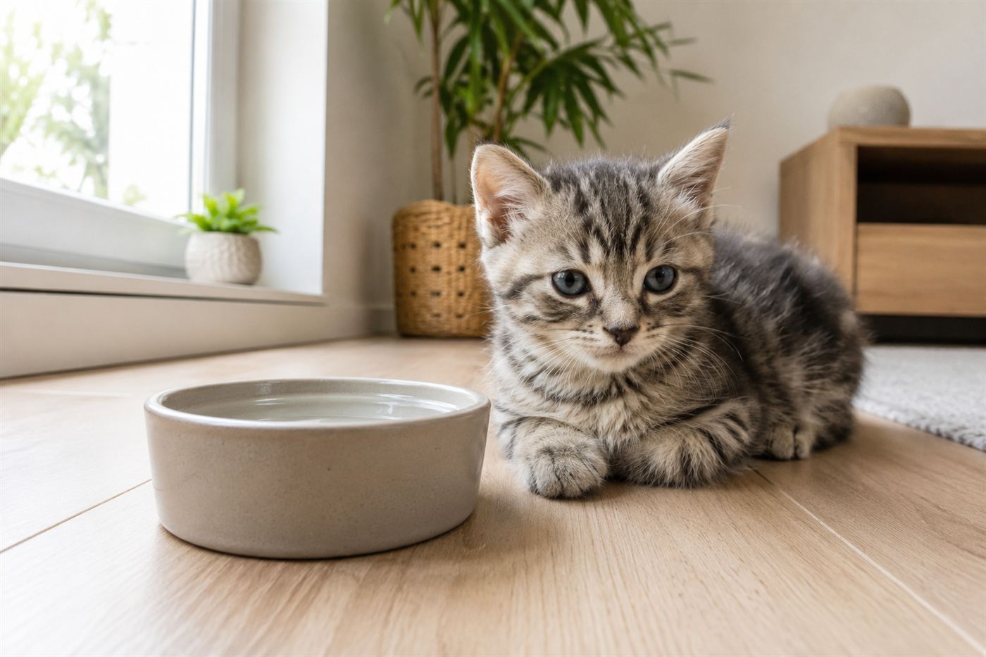 A kitten resting near a water bowl