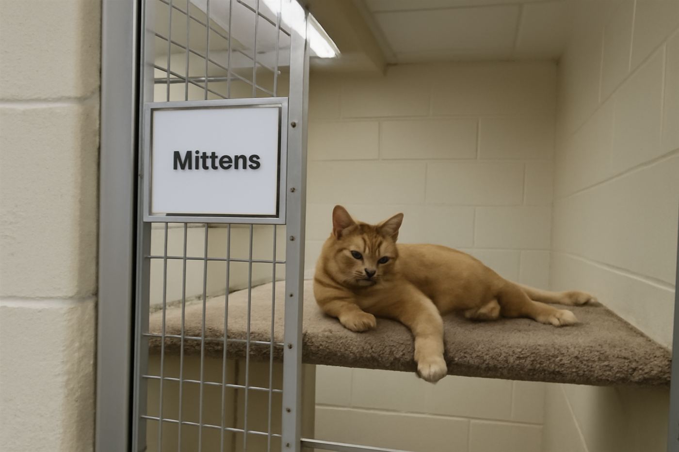 A cat relaxing on a shelf inside a clean boarding enclosure
