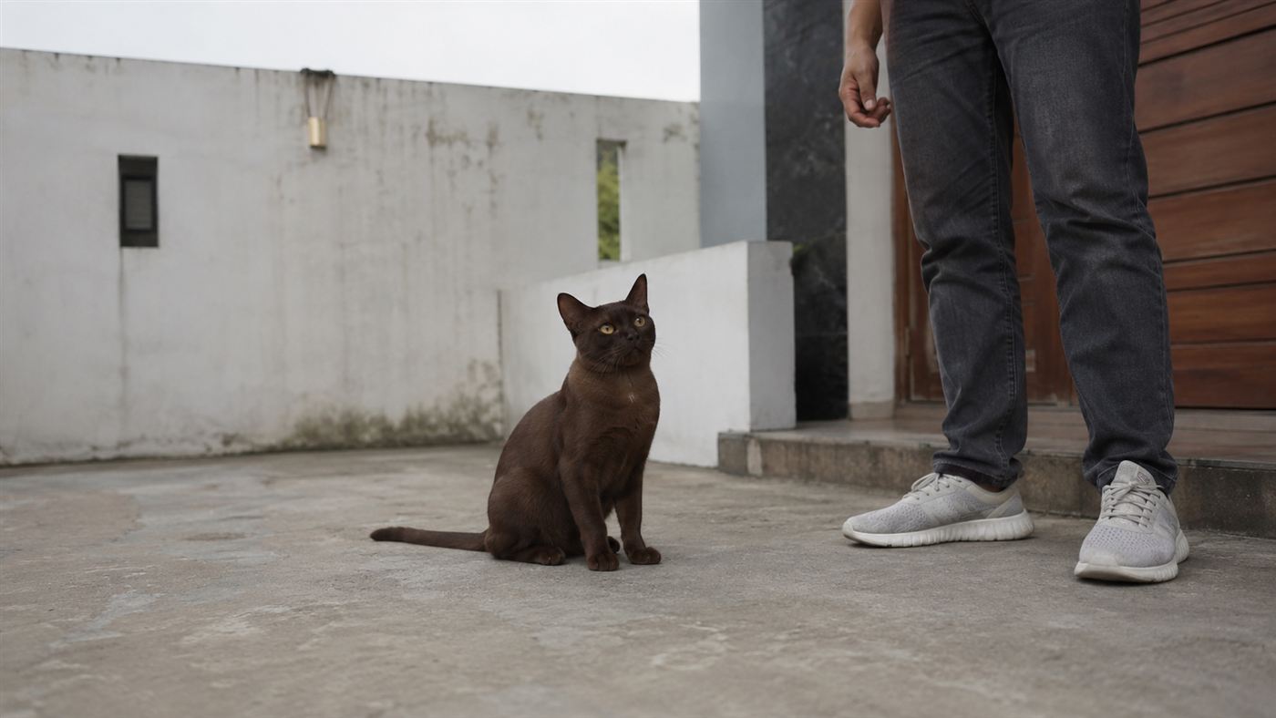 A cat sitting calmly near a person in a bright living room