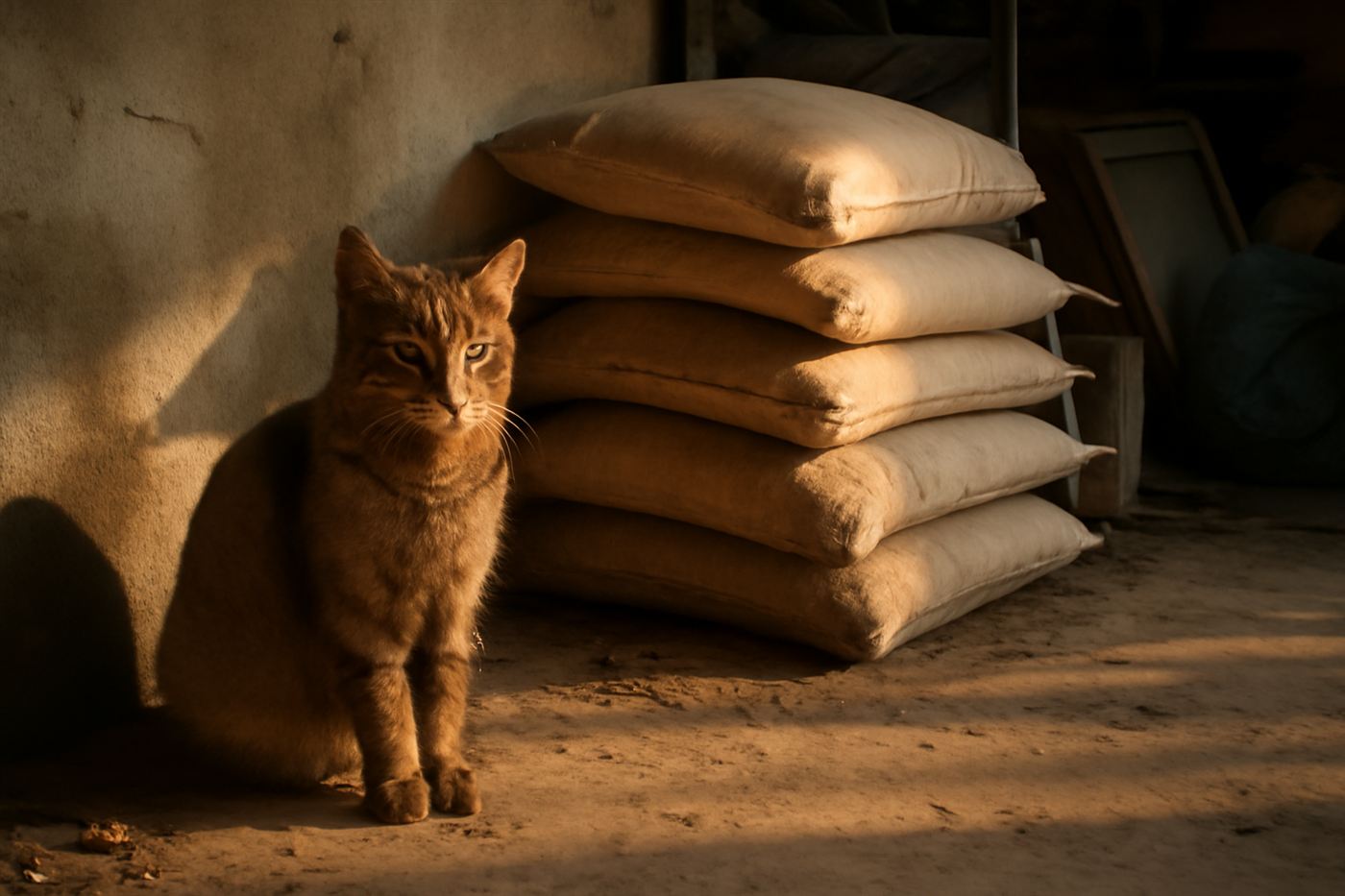 A tabby-patterned African wildcat resting near an ancient grain storehouse at dusk
