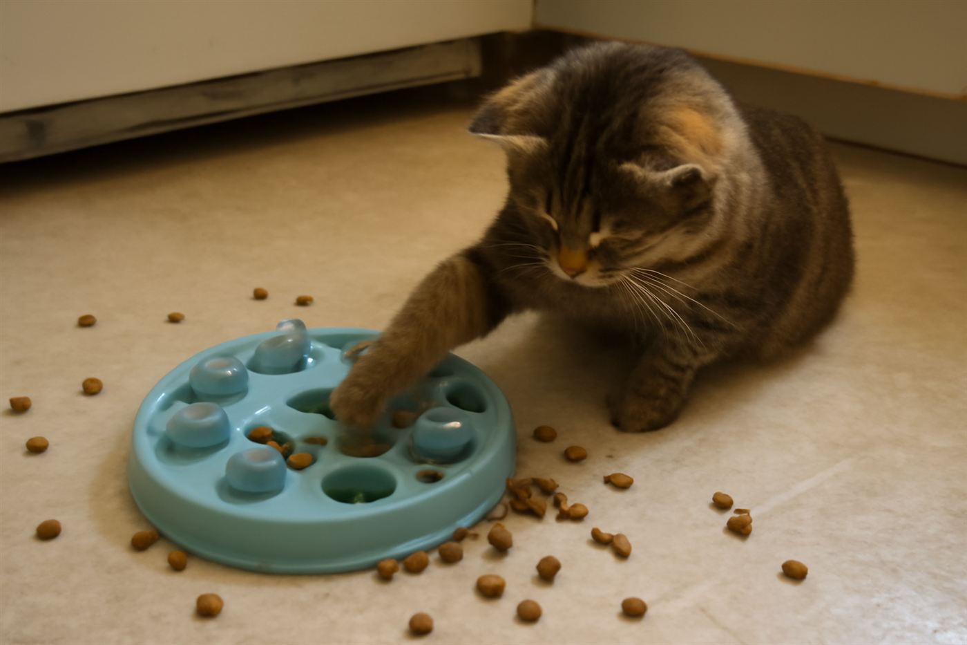 Photo of a cat intently watching or reaching toward a puzzle toy or closed door handle