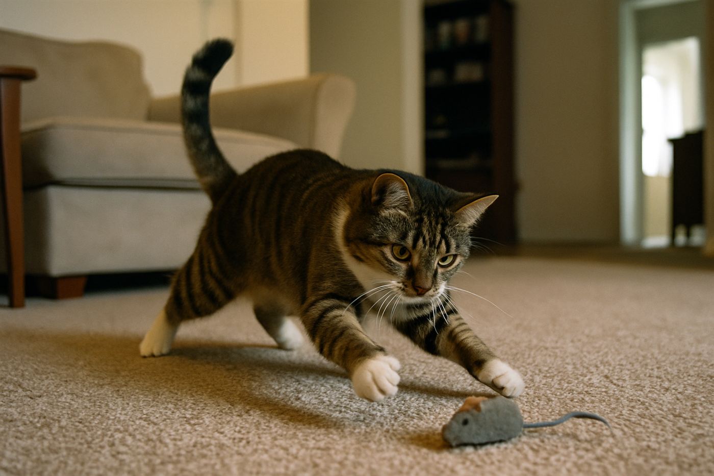 Two kittens play-fighting and wrestling on a carpeted floor
