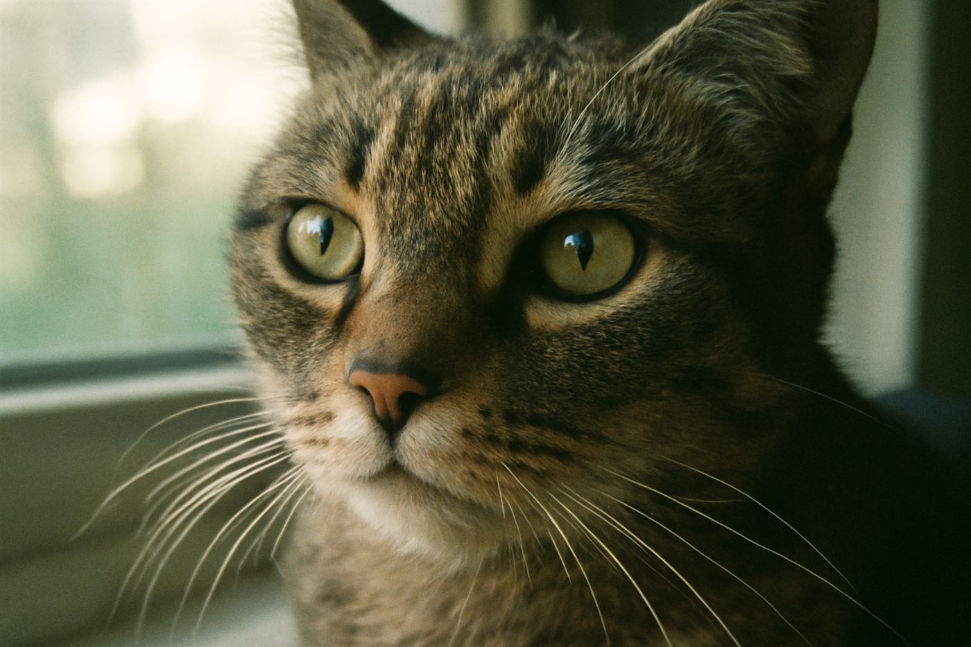 Close-up of a cat's face with wide, alert eyes, natural daylight, no flash glare