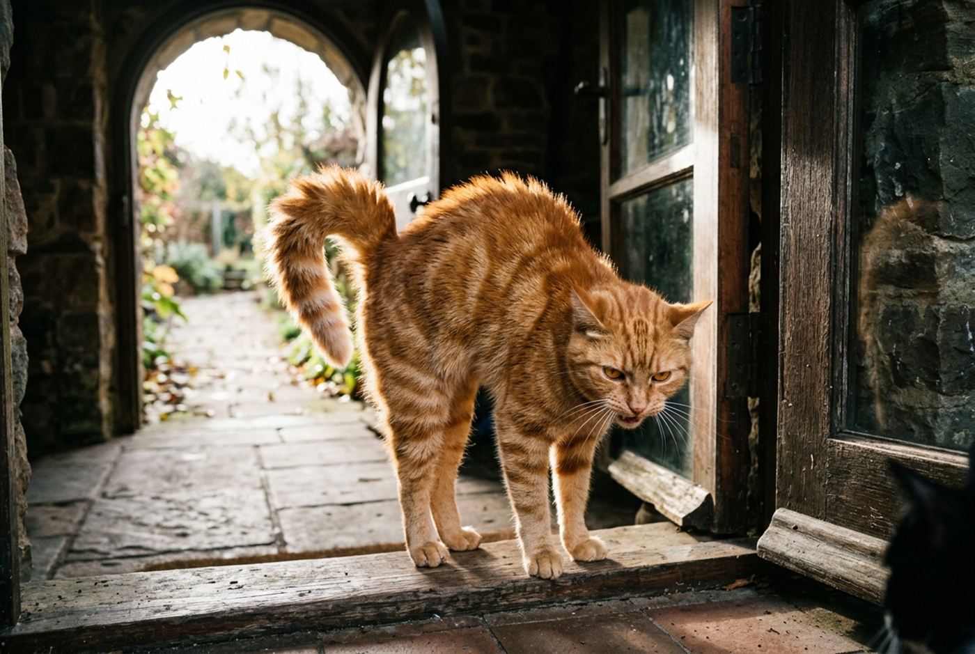Two cats facing off in a tense standoff over territory in a home hallway