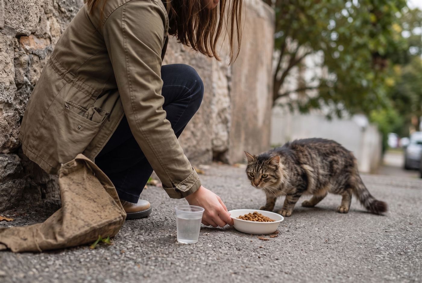 A person crouching on a sidewalk to offer food and water to a wary outdoor tabby cat