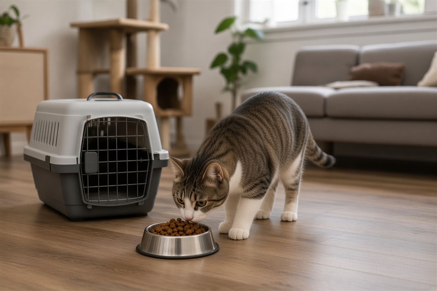 An adult tabby and white cat eating from a bowl next to an open pet carrier in a living room