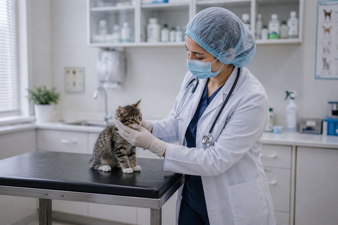 A kitten being examined by a veterinarian