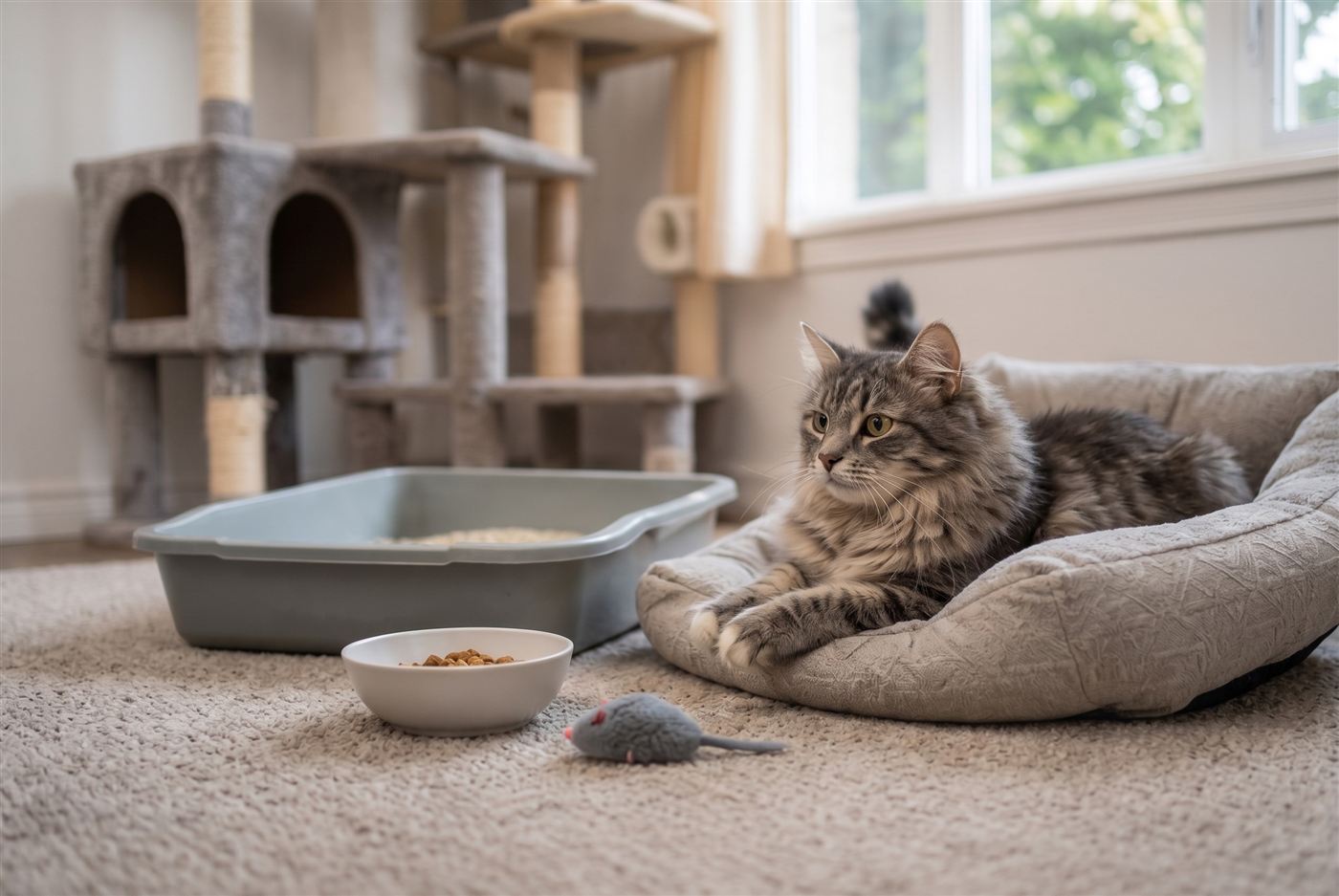 A cozy home setup with a cat bed, litter box, scratching post and food bowl ready for a new cat