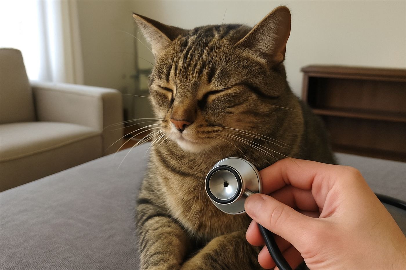 A veterinarian listening to a cat's heart with a stethoscope during a checkup