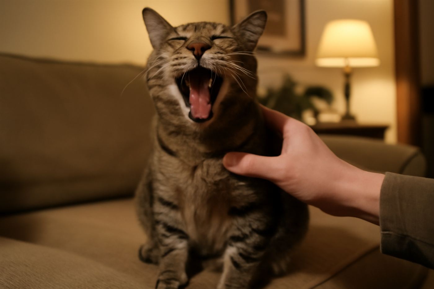 Close-up photo of a cat with its mouth slightly open, showing its teeth including the canines