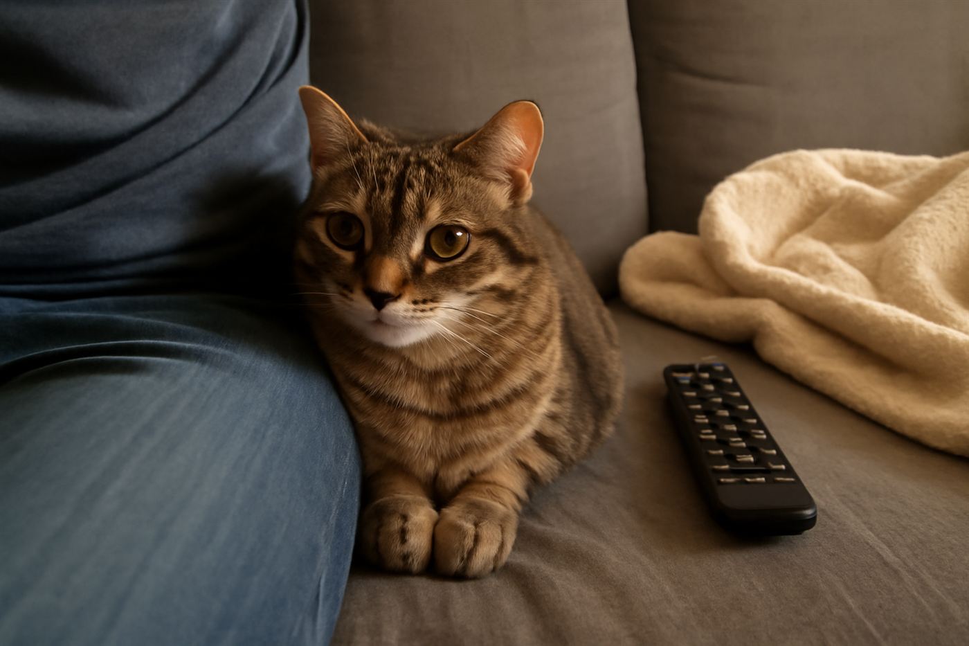 A cat sitting close to its owner on a couch, relaxed body language