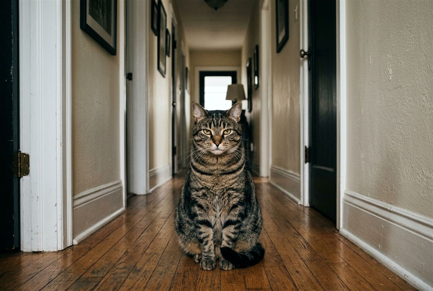A cat blocking a hallway and staring down its owner