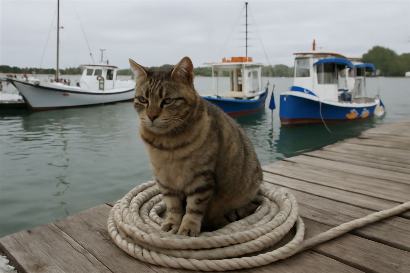 An old wooden sailing ship at dock with a tabby cat perched on a coiled rope near the deck