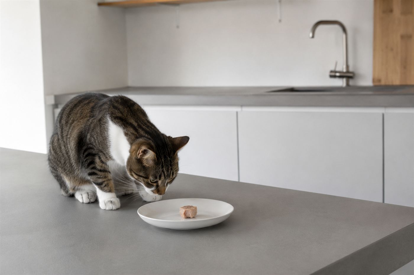 A cat sniffing a small piece of tuna on a plate