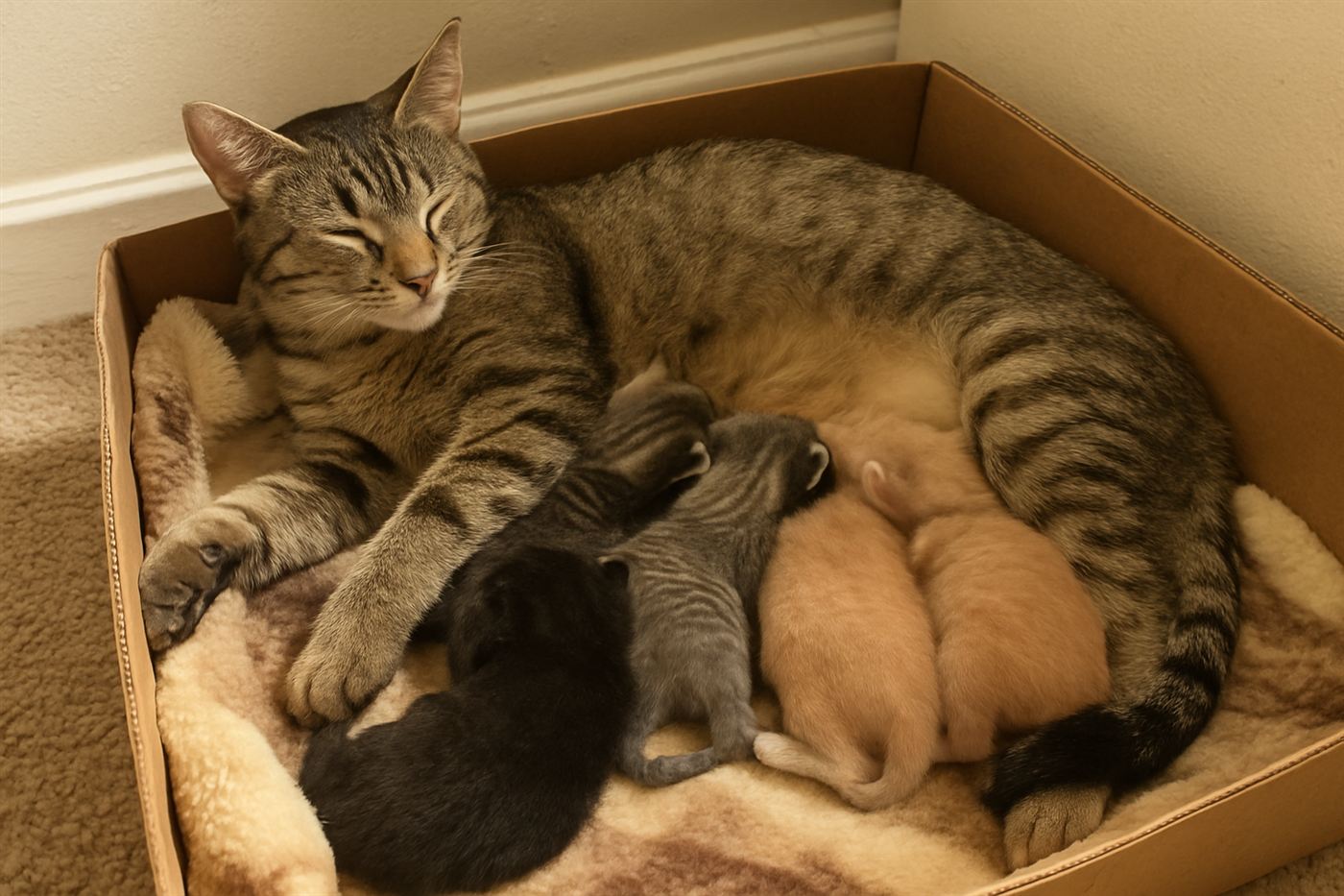 A queen cat and kittens illustrating feline reproductive biology and heat cycle topics