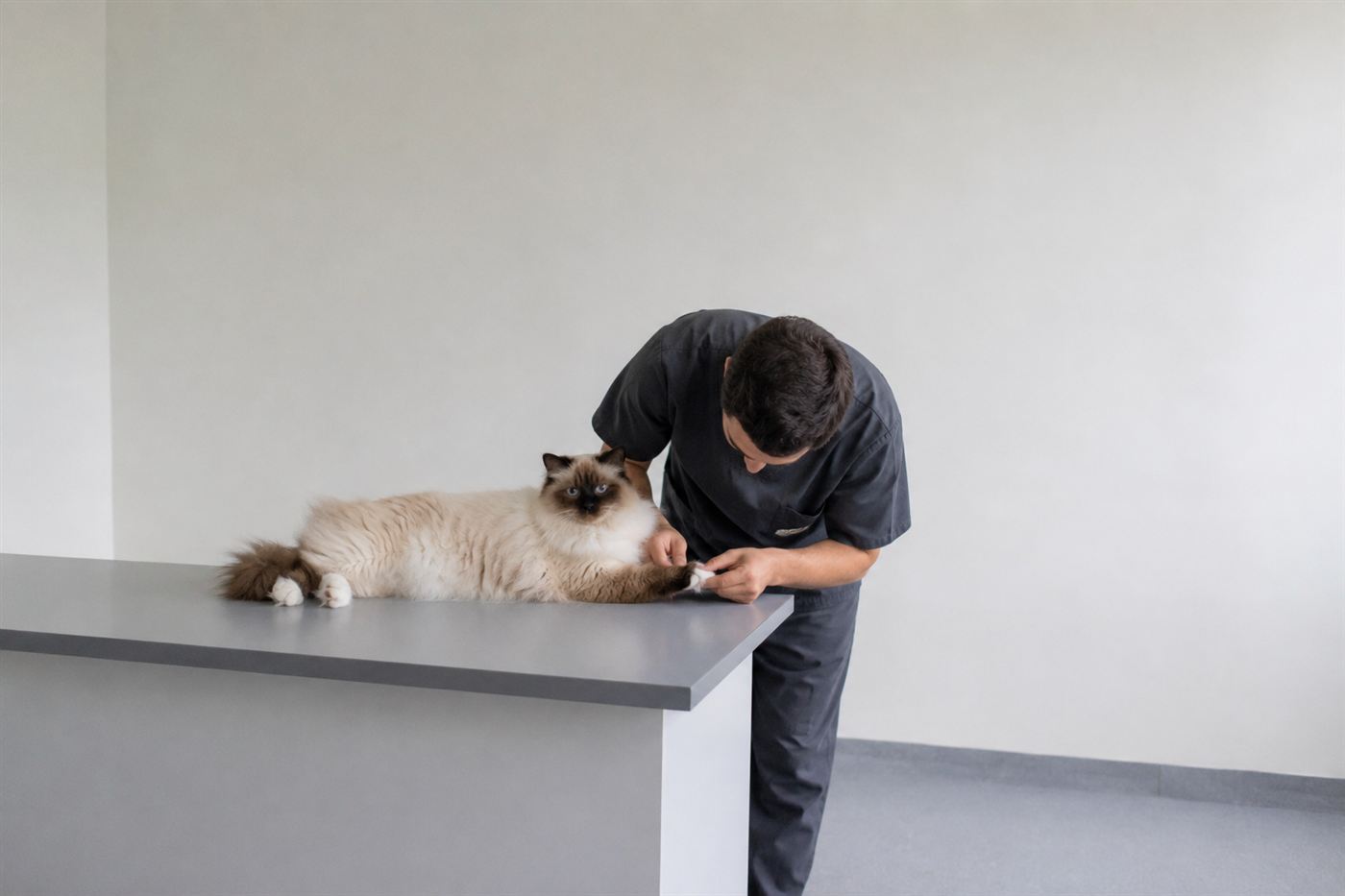 A veterinarian examining a cat's paw and joint