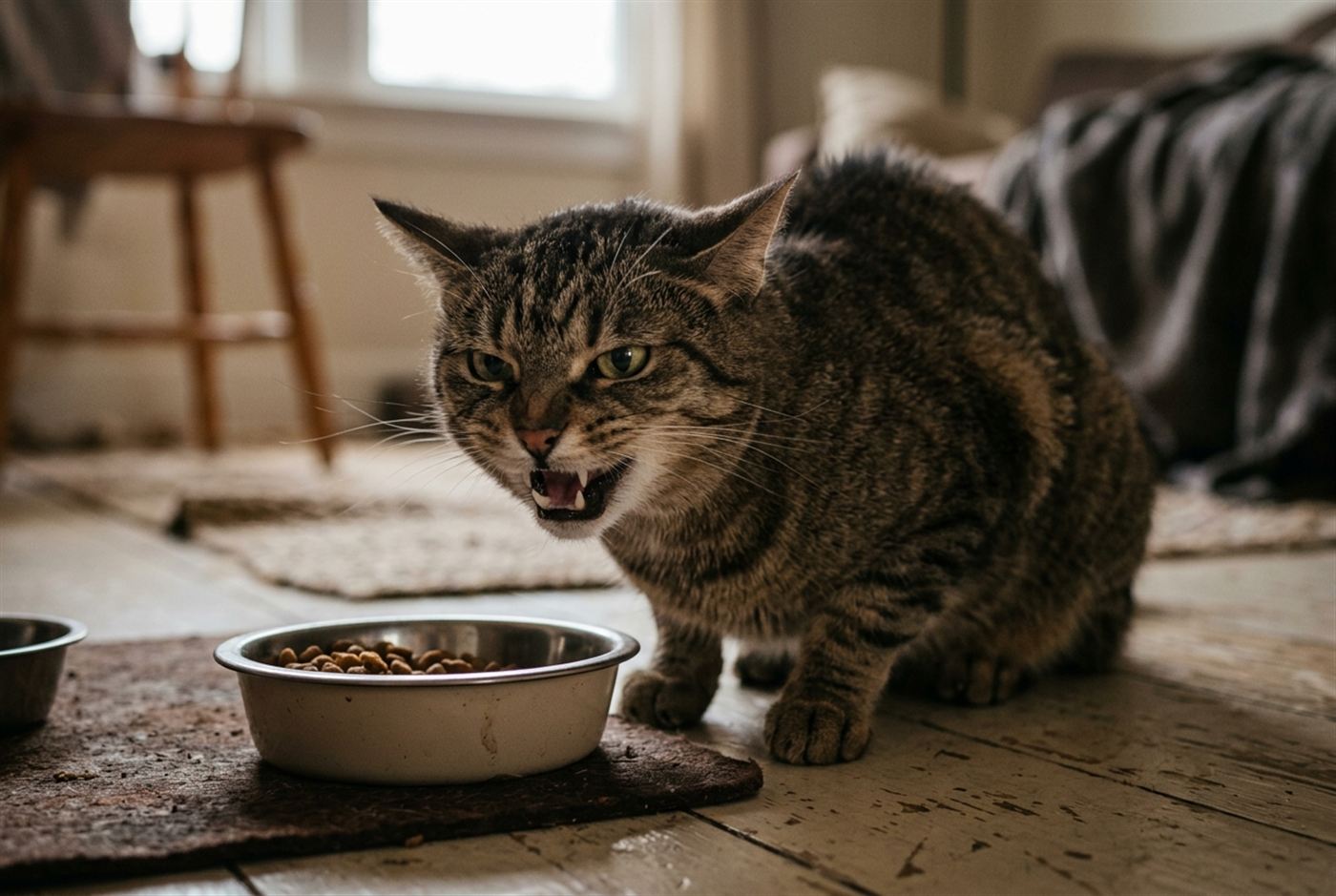 A cat crouched low with tense body language mid-growl