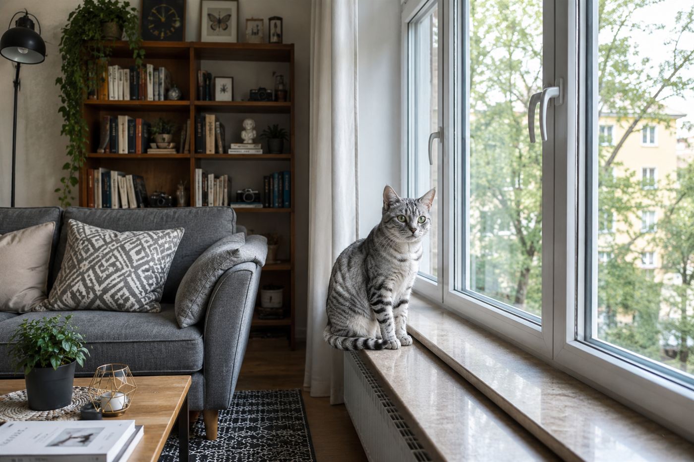 A gray cat with wide eyes and forward-facing ears looking alert on a windowsill