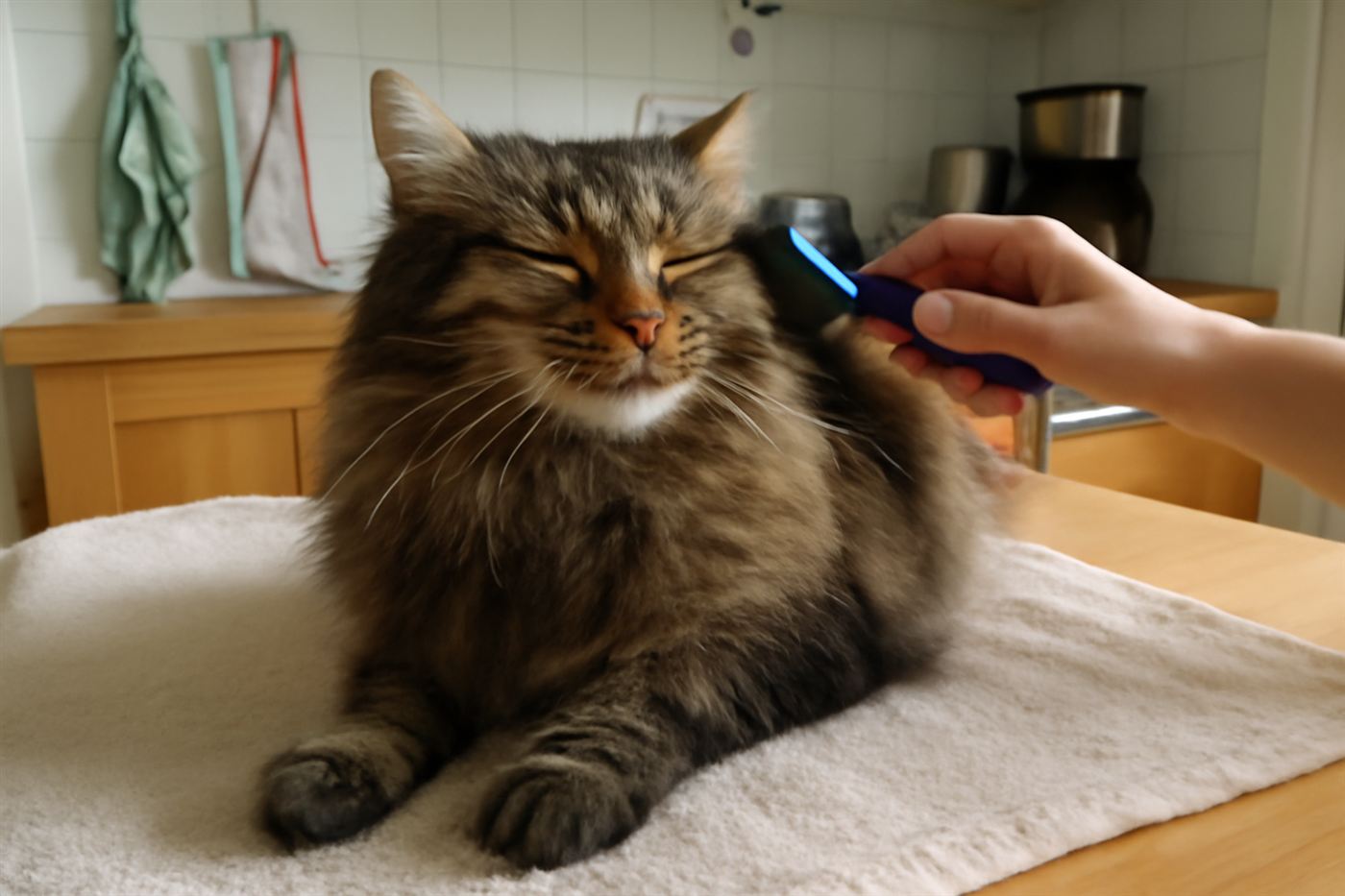 A groomer gently brushing a fluffy long-haired cat on a grooming table