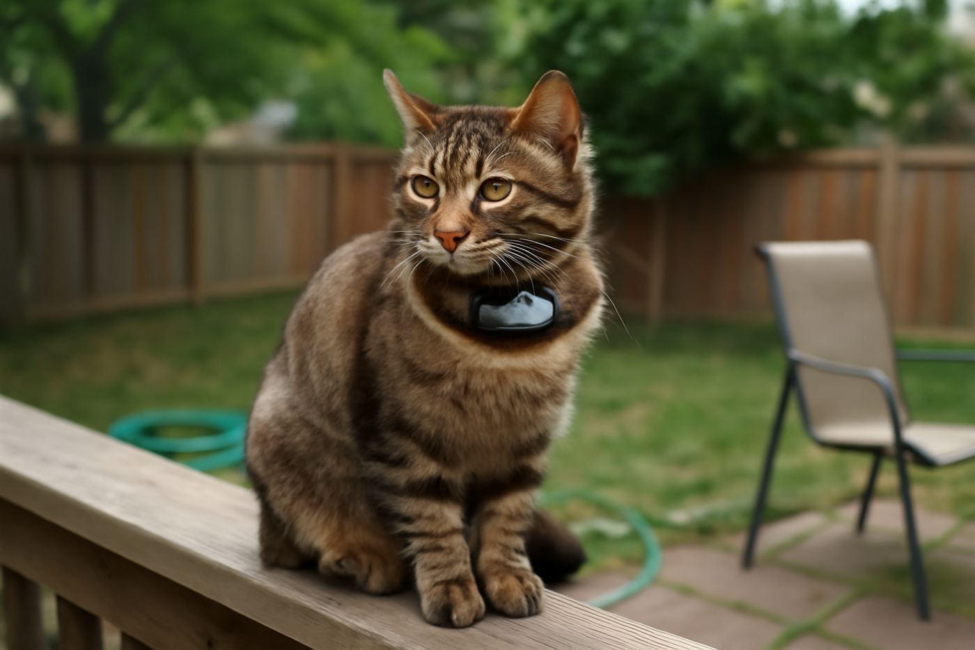 An outdoor cat wearing a lightweight GPS tracking collar