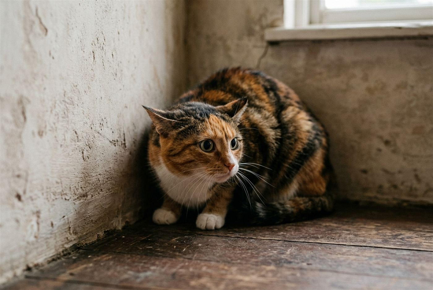 A terrified cat crouched low with ears pinned flat and dilated pupils, showing classic fear-aggression body language