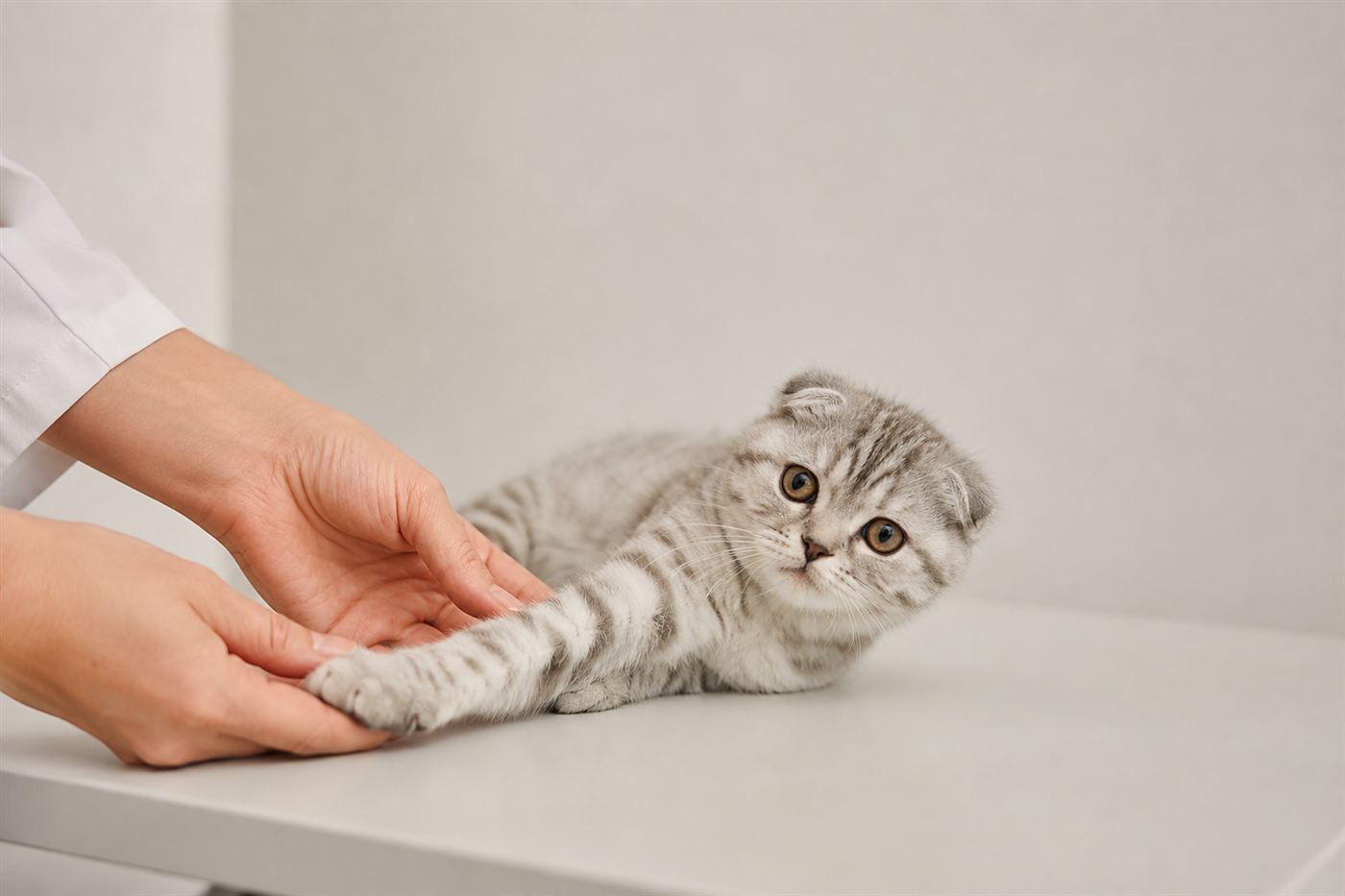 A kitten's front leg being gently examined by a veterinarian