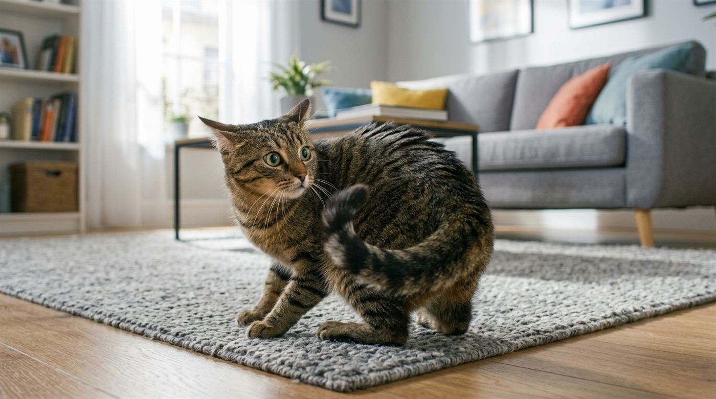 A cat looking back at its own tail with wide eyes and tense body language