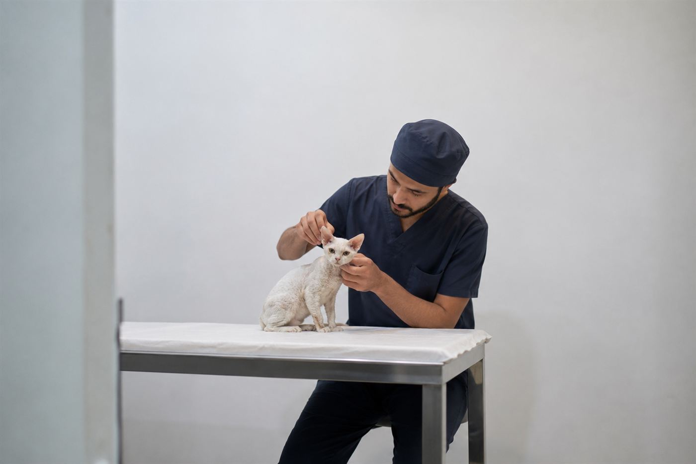 A veterinarian gently examining a cat's ear