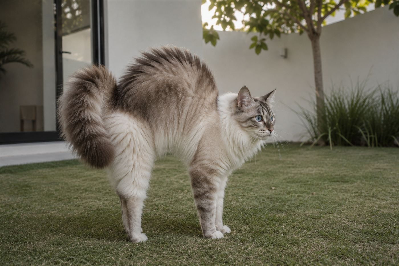 A cat with an arched back and raised fur, standing sideways