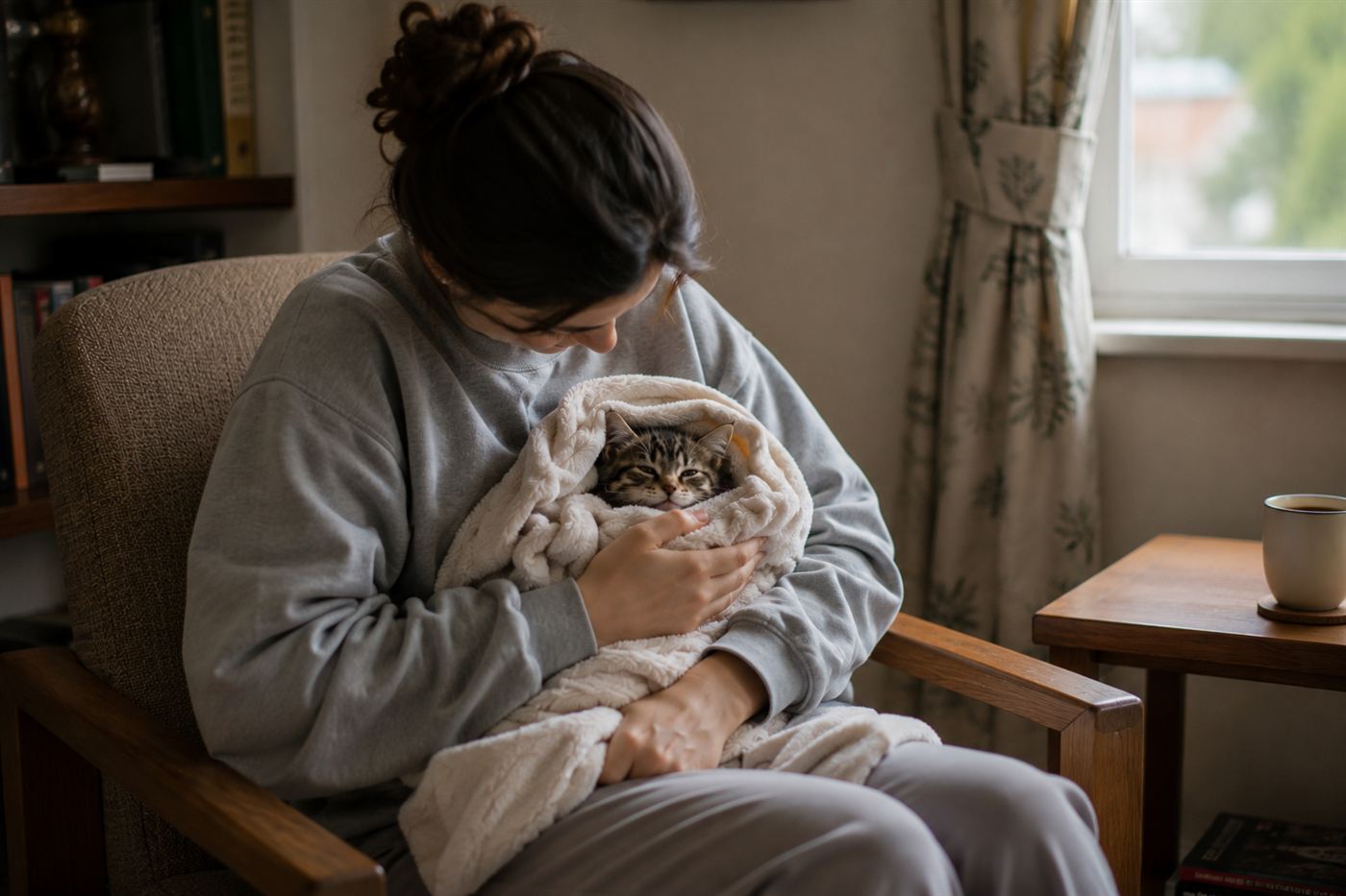 A veterinarian gently examining a kitten