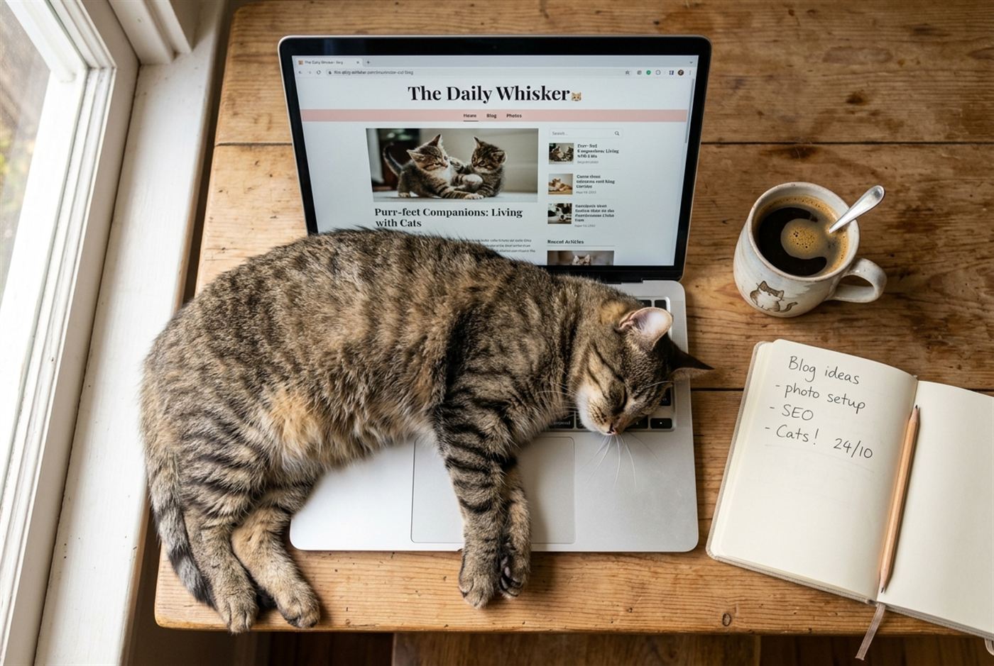 A person writing a blog post with a cat asleep nearby