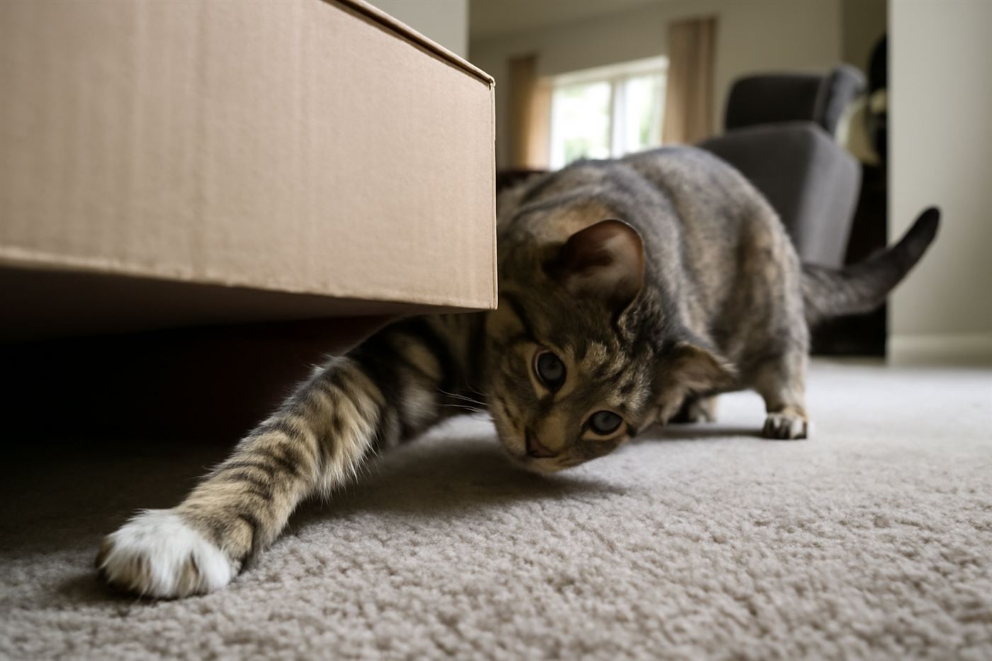 Photo of a cat pawing at or investigating a puzzle feeder toy on the floor