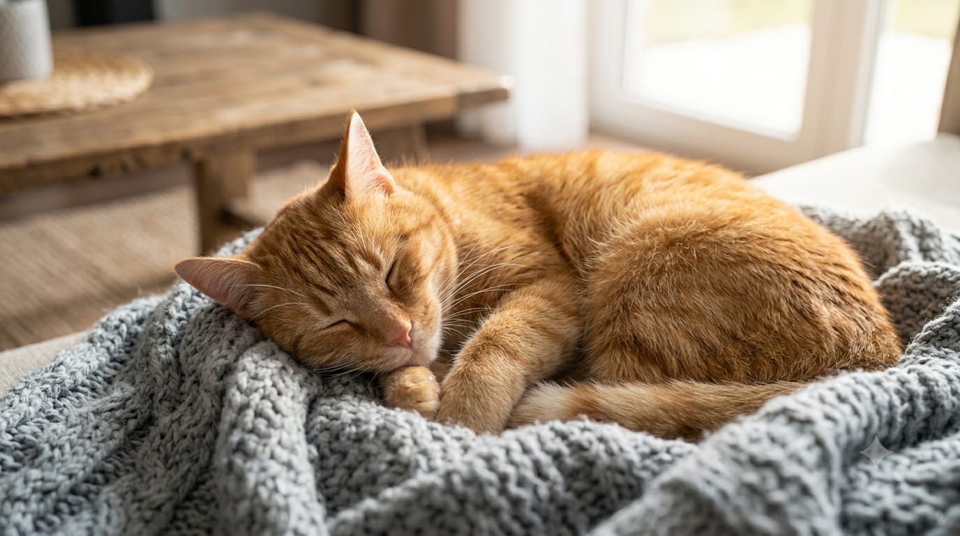 Orange tabby cat sleeping comfortably on a sofa.