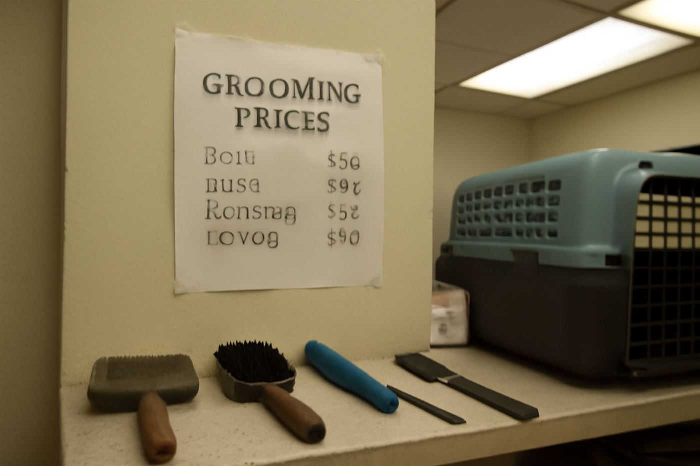 A price list and grooming tools laid out next to a calm cat