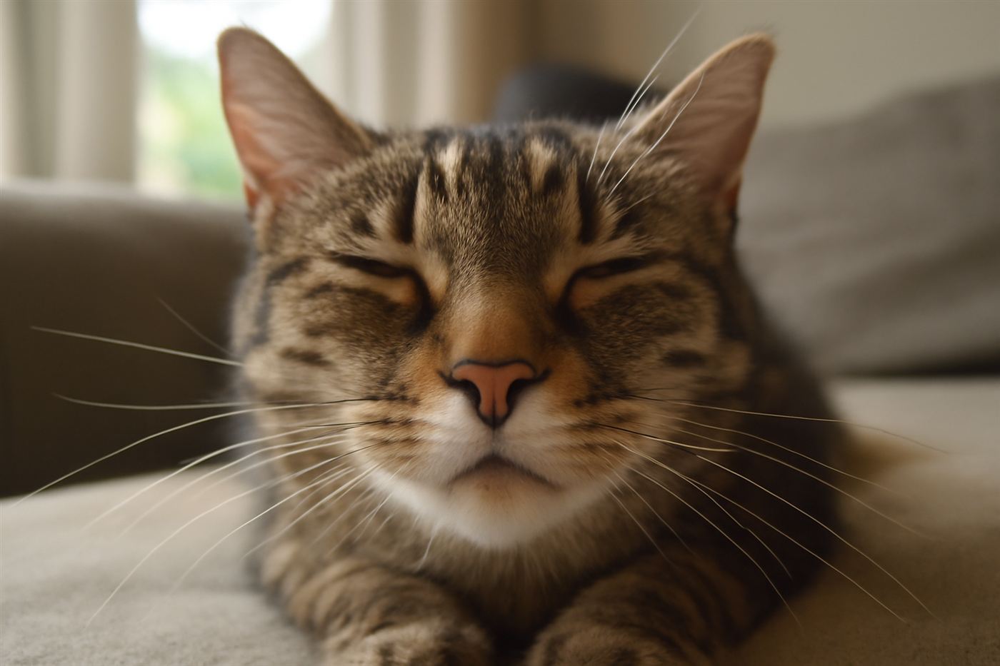 Close-up macro photo of a cat's face showing its whiskers fanned out, relaxed and forward-facing, in soft natural light