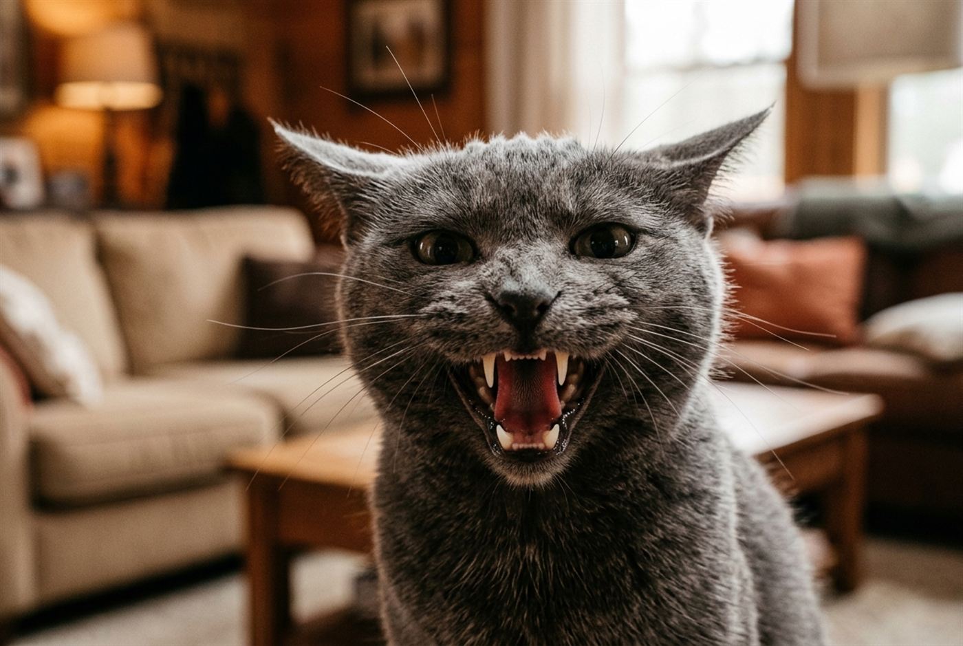 A cat hissing with ears flattened and mouth open