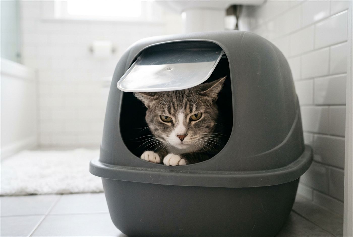A cat cautiously stepping out of an uncovered litter box while another cat watches from a distance