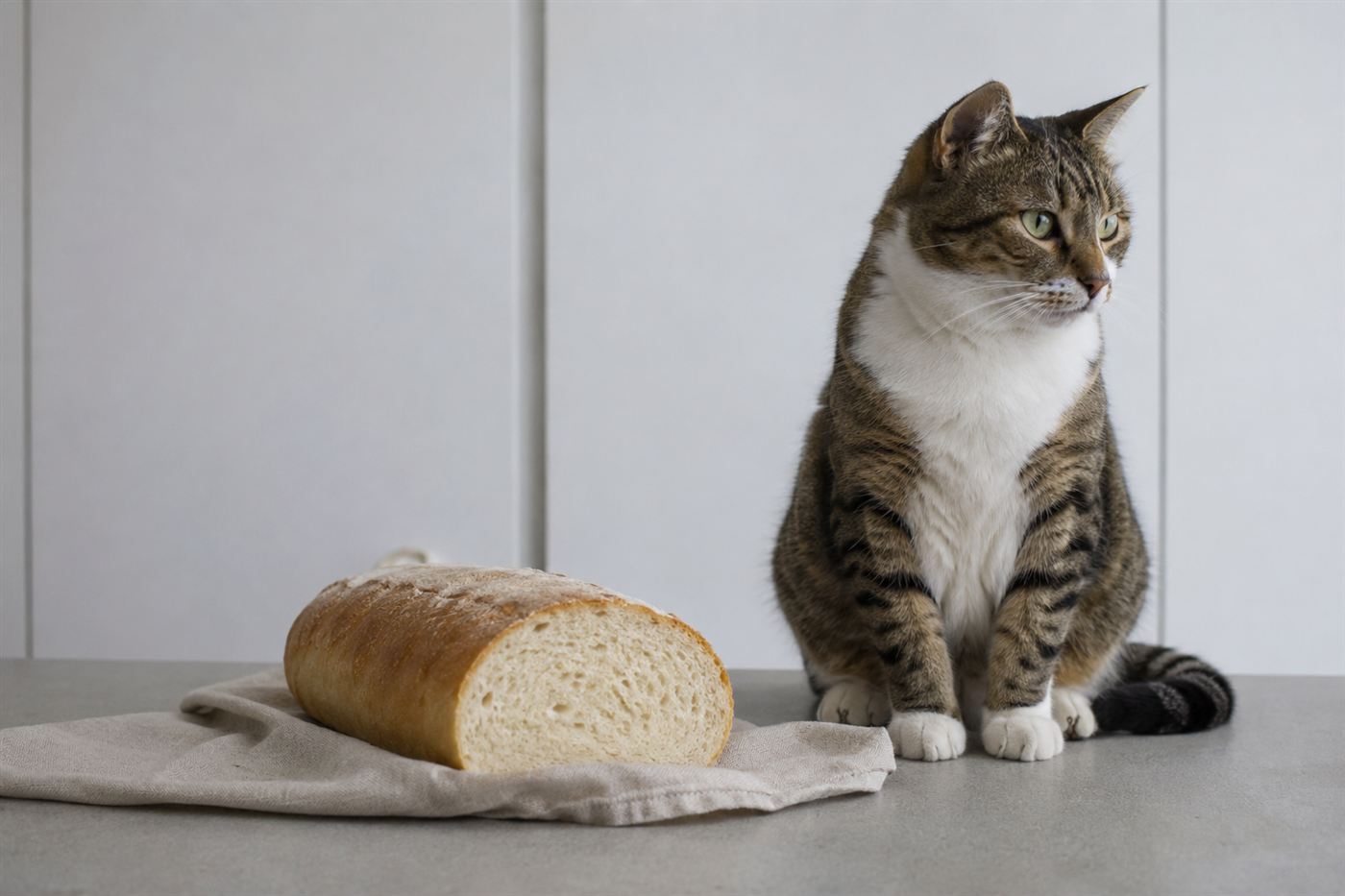 A cat sitting on a kitchen counter next to a loaf of bread