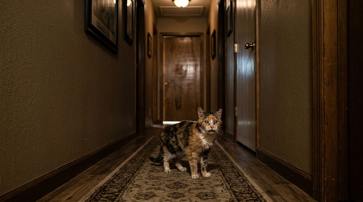 A senior cat looking confused while standing in the middle of a hallway