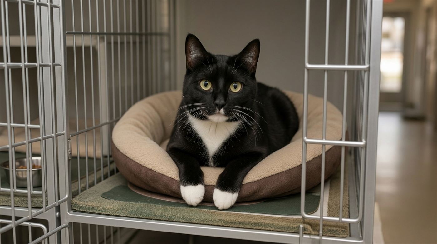 An alert black and white cat resting in a shelter kennel bed being observed before adoption